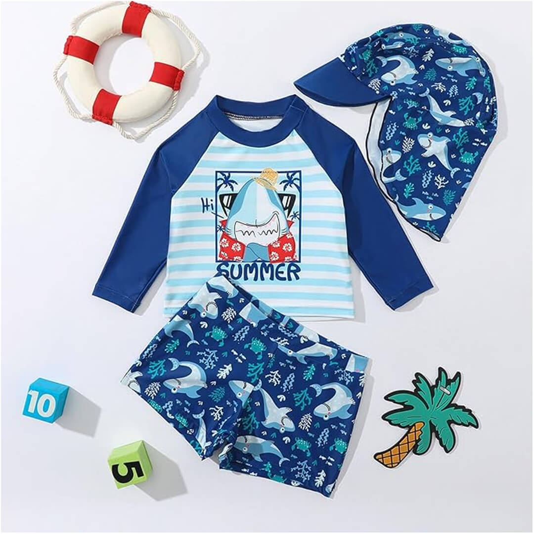 Toddlers' beachwear shark-print long-sleeve shirt, shorts and swim hat