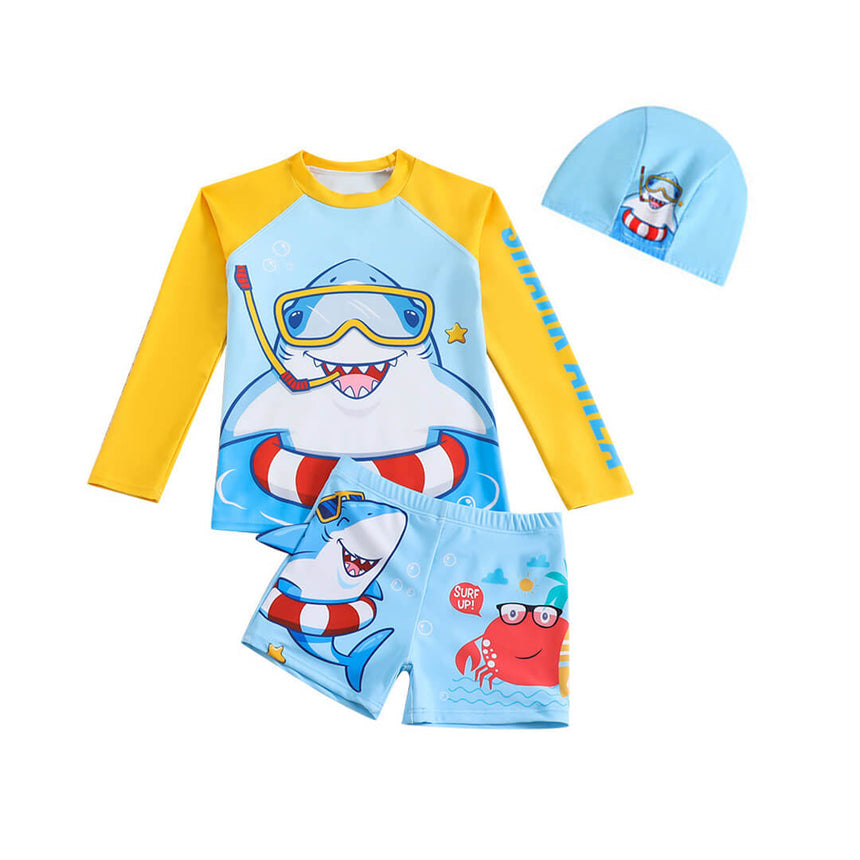 Boys yellow shark swim set with long sleeve shirt, shorts, and cap