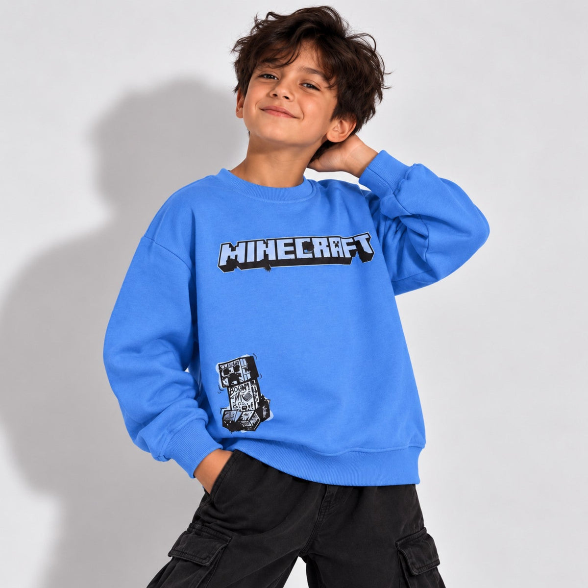 Boys blue Minecraft oversized sweatshirt front view