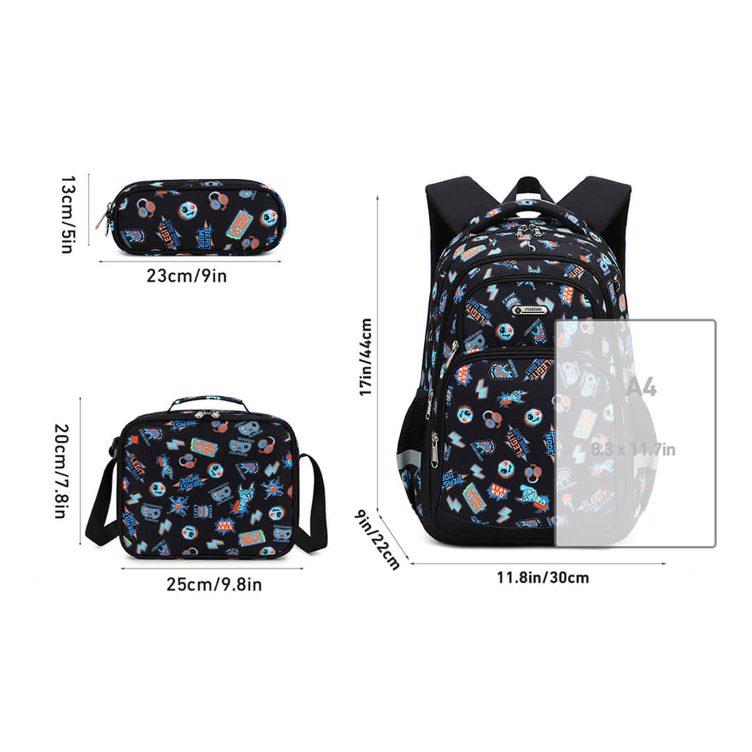 Gaming school backpack with pixel icons for age 8 to 13