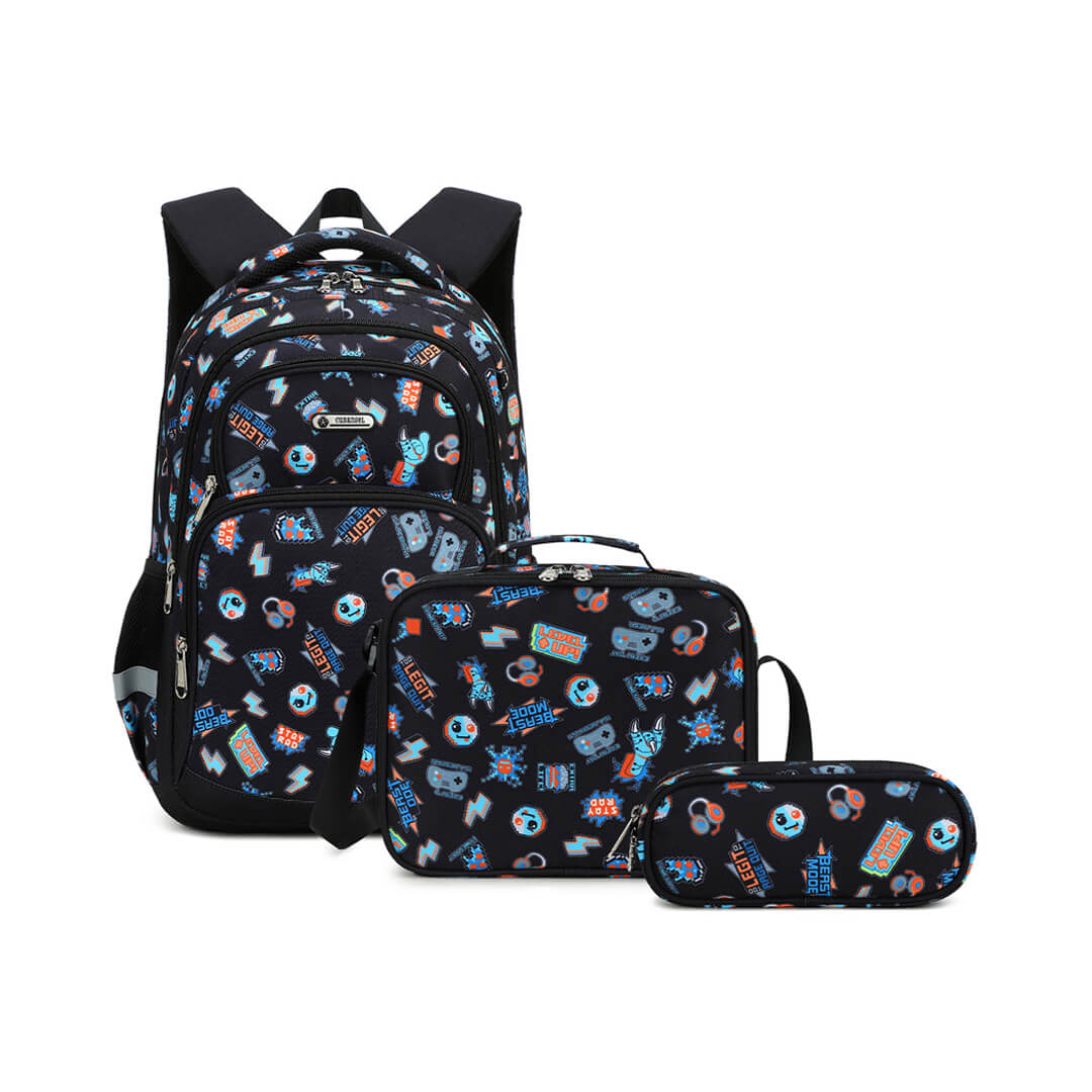 Gaming-themed 3-piece school backpack set for grade 3 to 9