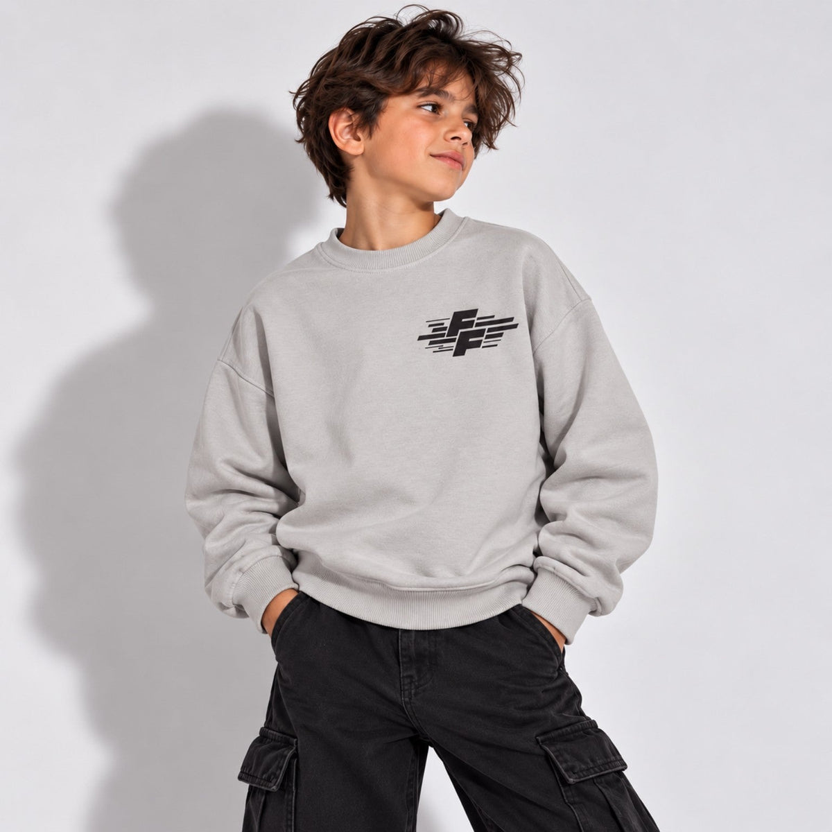 Boys grey racing graphic oversized sweatshirt front view