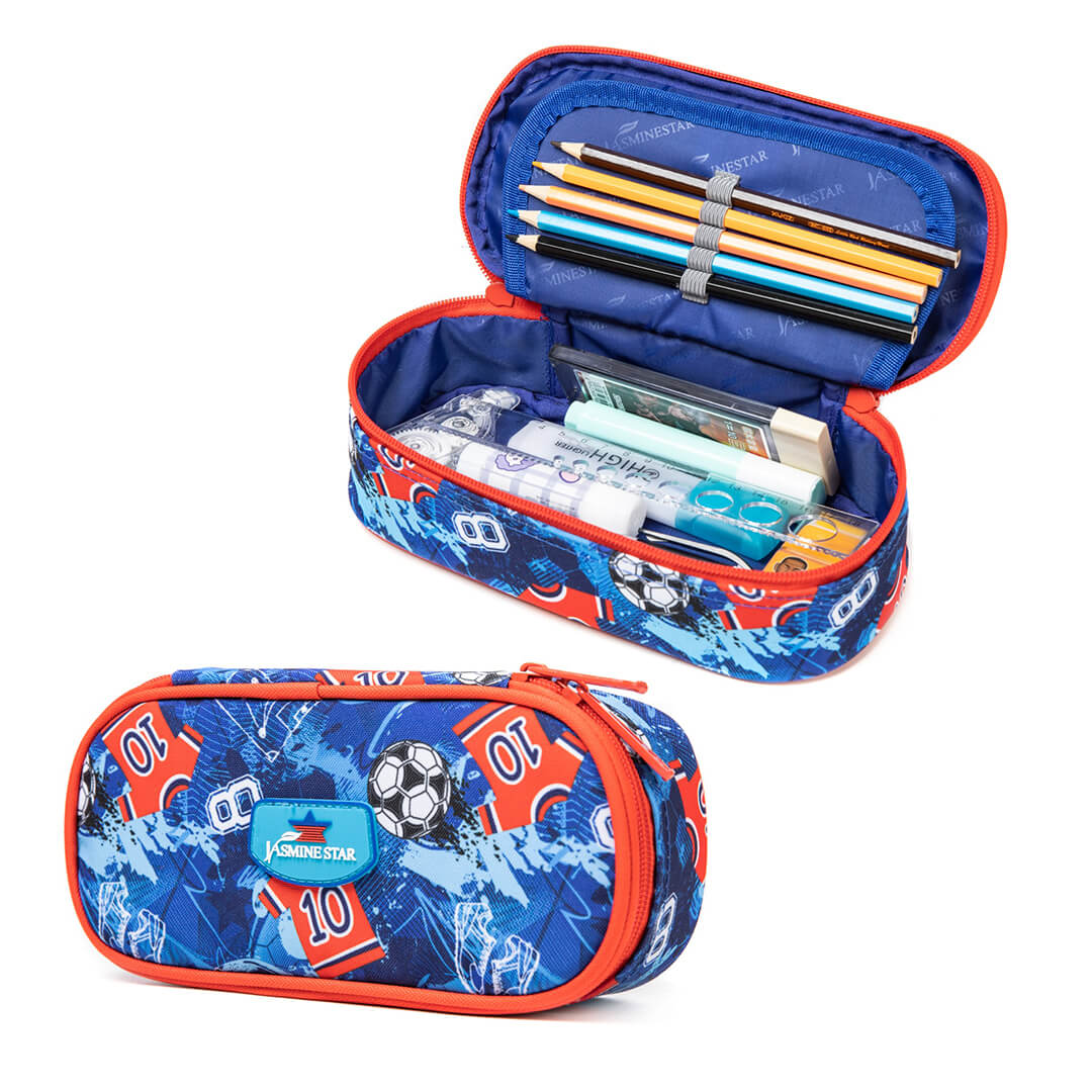 Boys pencil case with red and blue football design