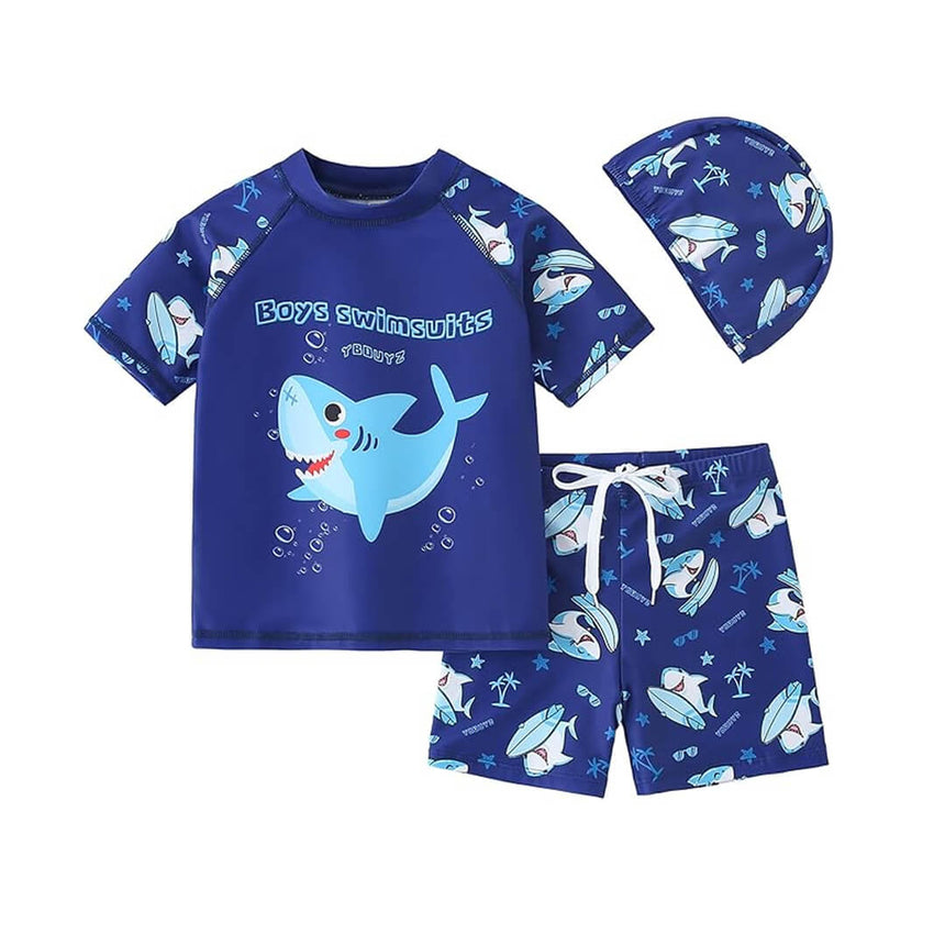 Boys' summer swimwear set with shark print T-shirt, shorts and cap