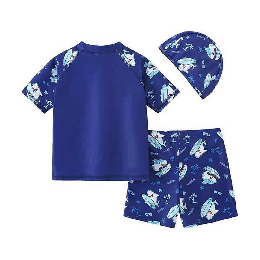 Kids shark swim set with matching shorts and cap