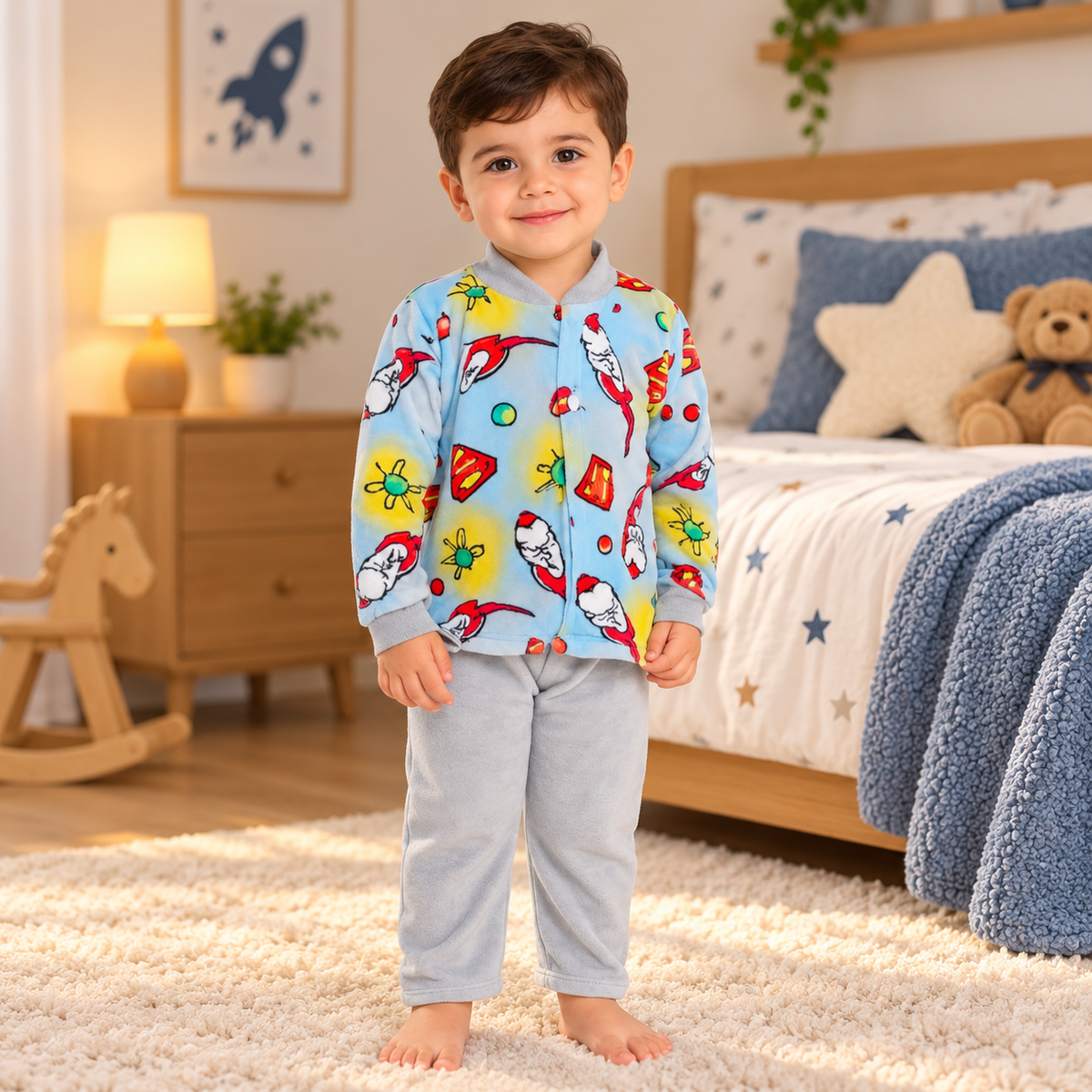 Boys warm rocket pajama set light grey on toddler in bedroom