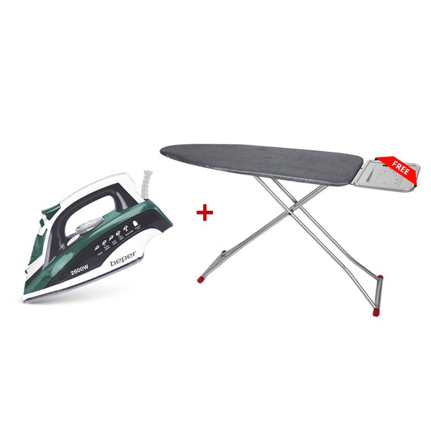Beper Steam Iron 400ML, 2600W, Stainless Steel Plate, Dry/Steam Ironing, Adjustable Temperature, Anti-Limescale System, Anti-Drip, Self Cleaning + FREE Ironing Board [Colorful Cotton Fabric - In Different Designs]