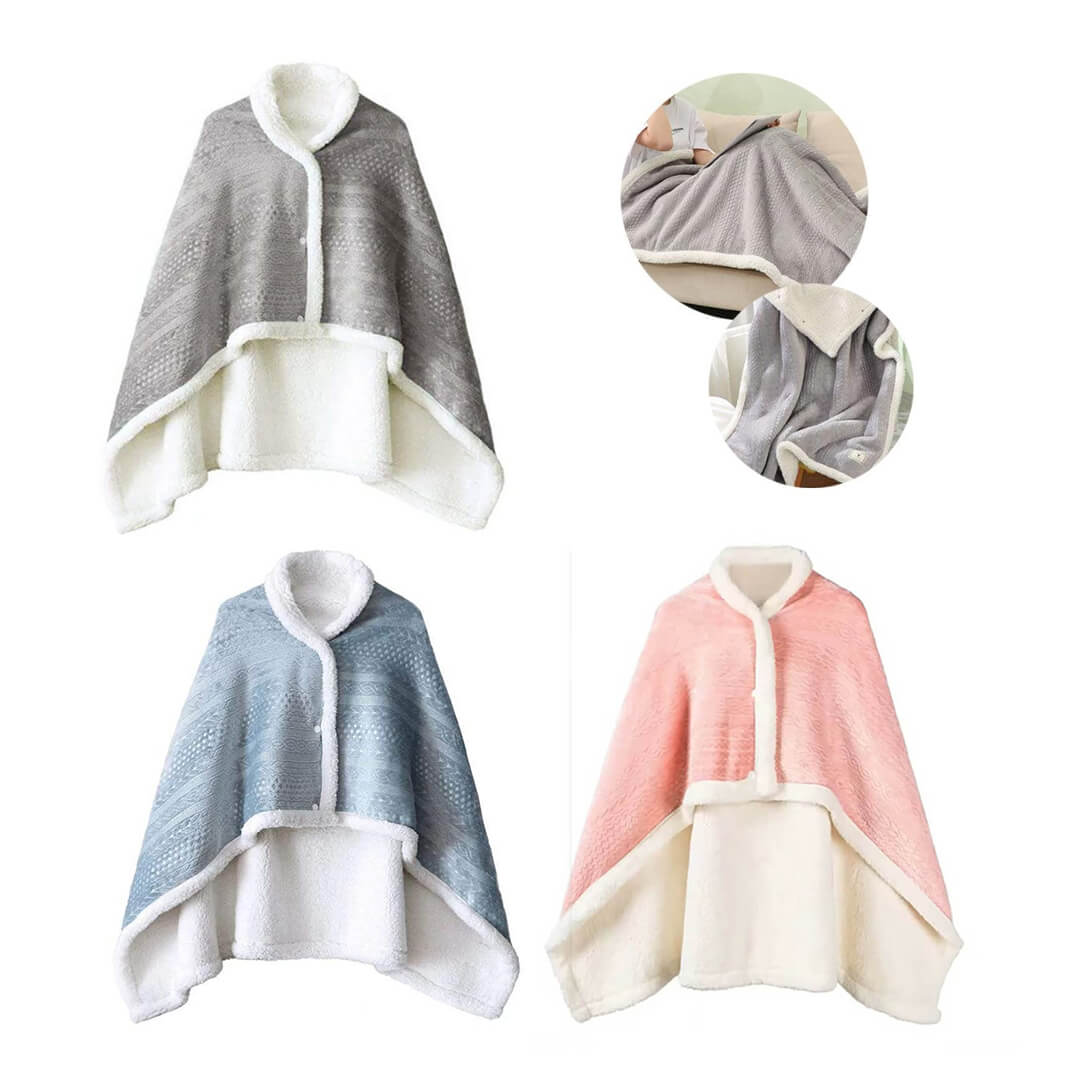 Fleece  poncho blankets in gray, blue, and pink for daily use.