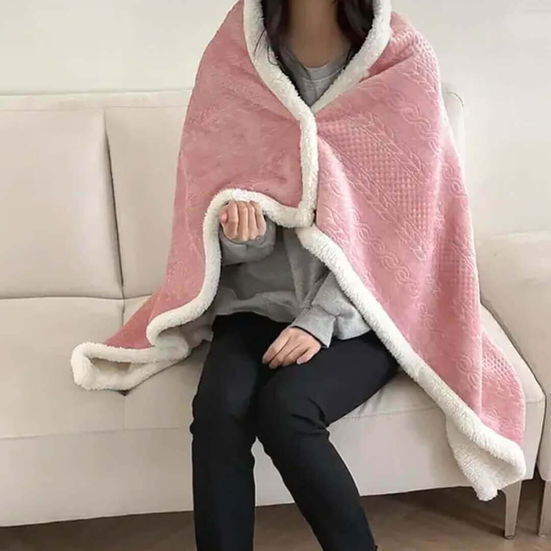 Cozy wearable blanket scarf used as a shawl pink color.