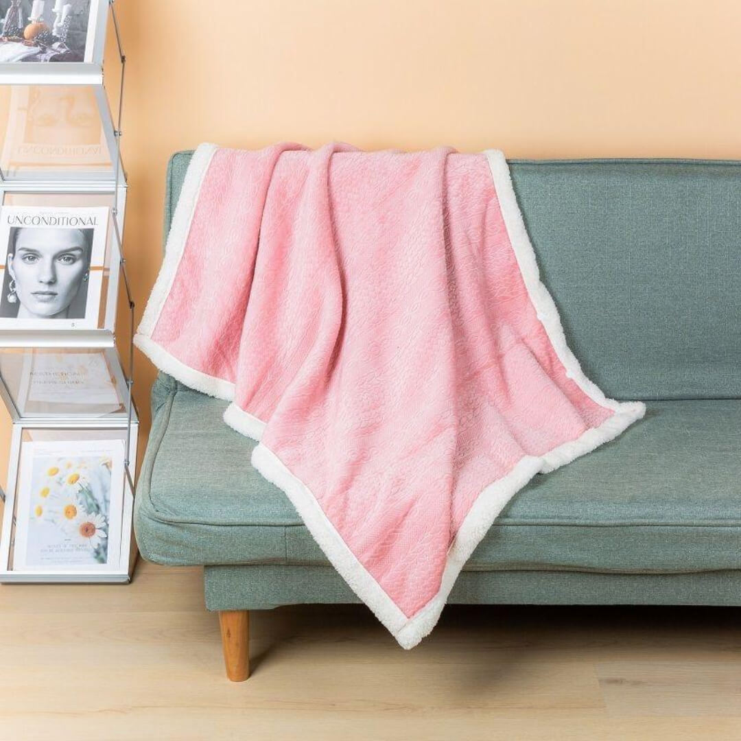 Soft wearable blanket scarf displayed in living room setting