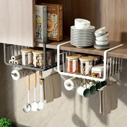 Under-shelf kitchen organizer basket in carbon steel