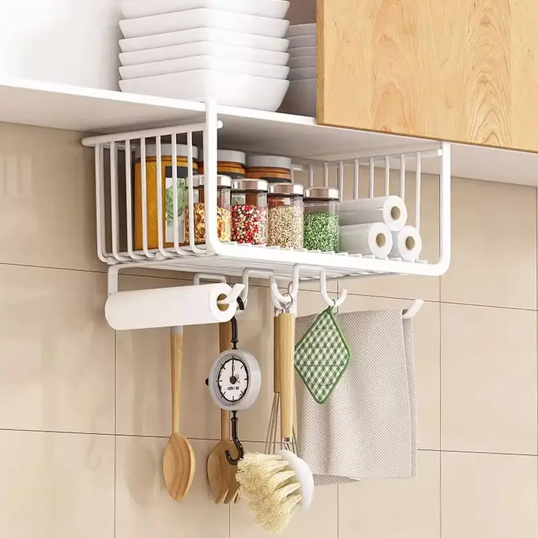 Hanging under-shelf basket for kitchen cabinet storage, white