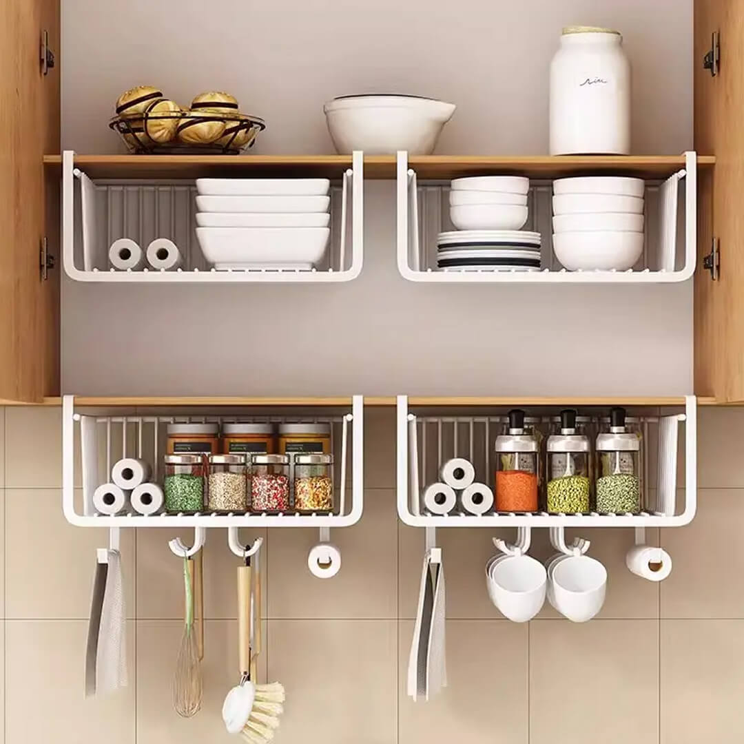 Cabinet hanging organizer for lids, plates, and utensils