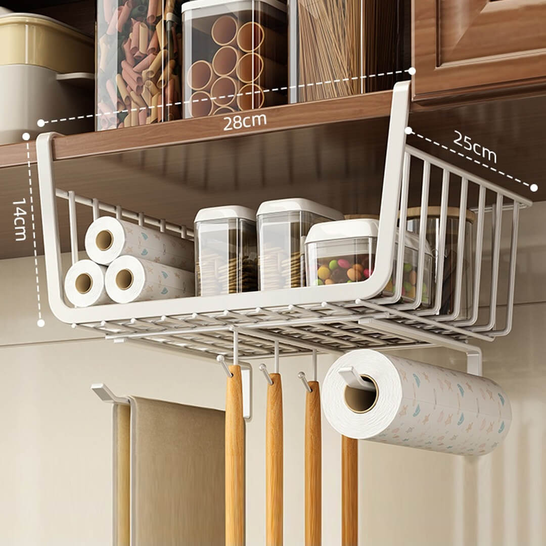 White Under-shelf kitchen organizer basket with hooks