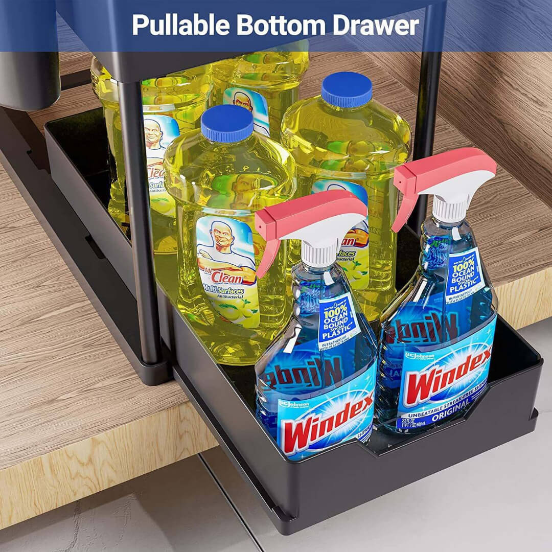 Under-sink sliding basket organizer for cabinets