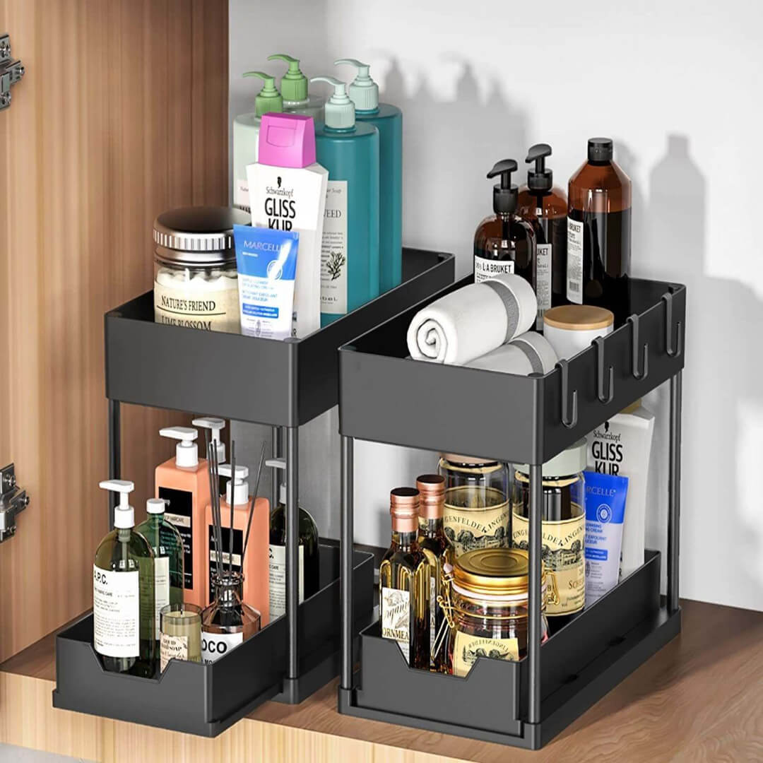 Under-sink organizer shelf for bathroom essentials