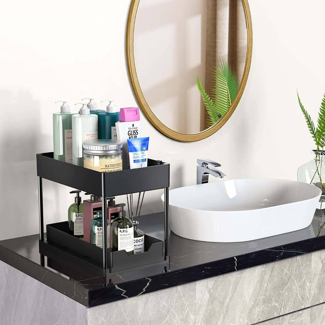 Bathroom storage shelf for toiletries and cleaners