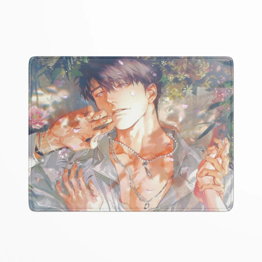 Illustration of two people embracing with a cat, surrounded by flowers and leaves.