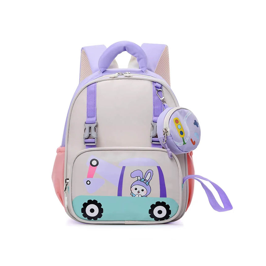 Kindergarten Girls’ backpack with purple rabbit driving an excavator