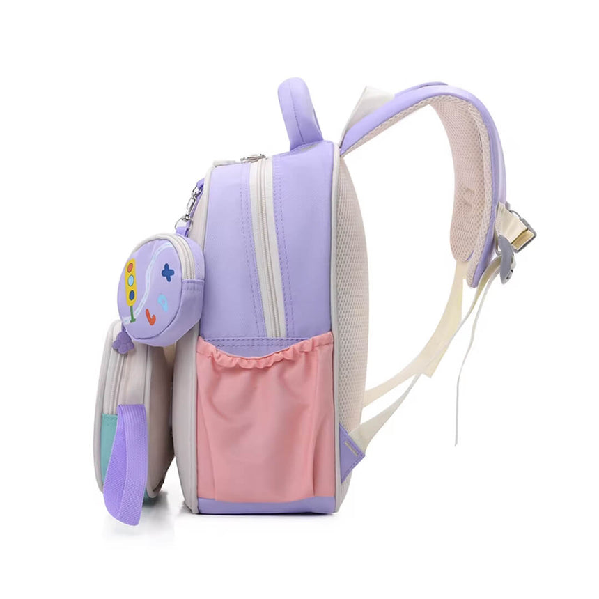 Lightweight backpack for KG1–KG3 with fun cartoon characters, side angle