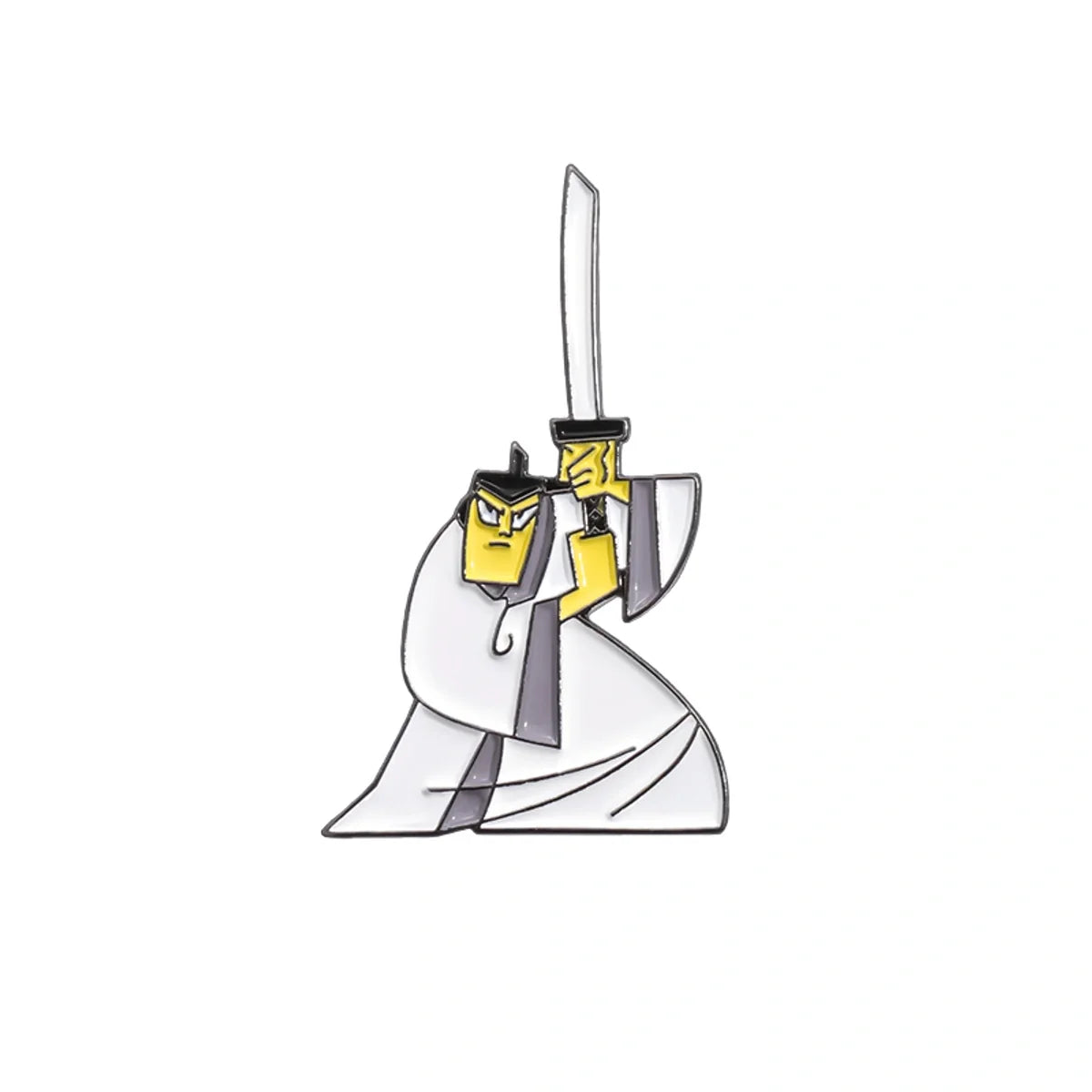 A cartoon-style enamel pin of a samurai warrior holding a sword, featuring a white robe, yellow face and hands, and black hair and outlines, set against a plain white background.
