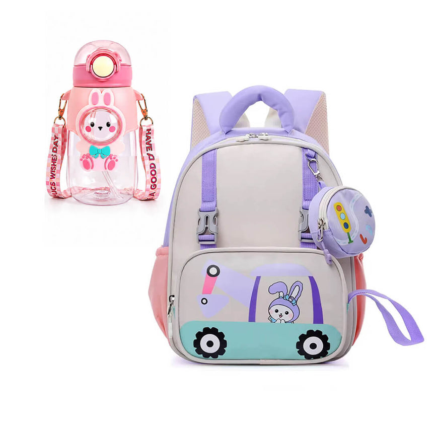 Pink and purple rabbit backpack with matching rabbit water bottle for kindergarten classes