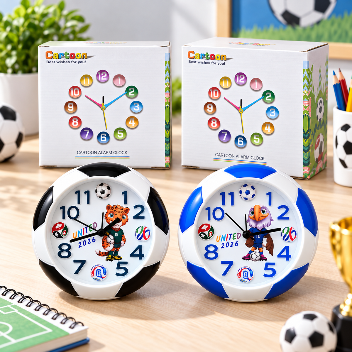 Black and blue cartoon soccer alarm clocks in a football themed room