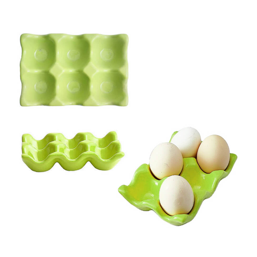 Green ceramic egg holder with wavy design