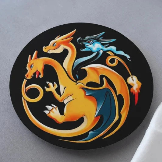 Circular coaster with a charizard pokemon design on a black background