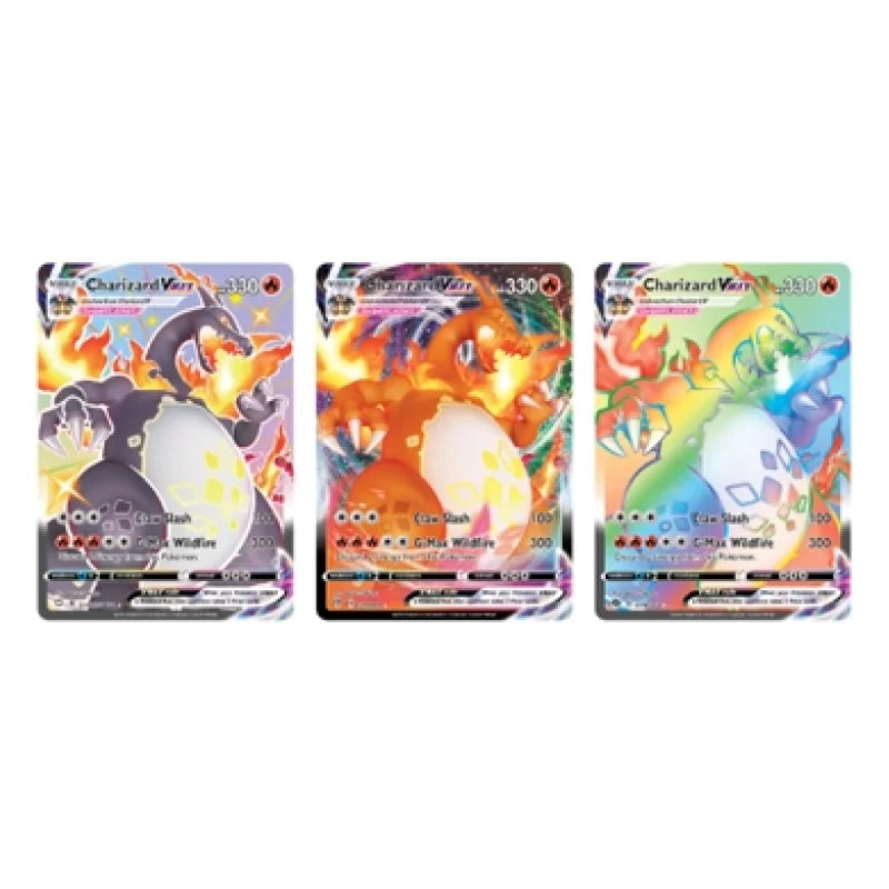 Three Charizard VMAX trading cards on a white background
