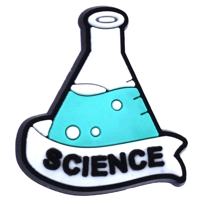 A collection of six Chemistry-themed Jibbitz charms for Crocs, featuring various chemical symbols and elements such as a beaker, an atom, and a periodic table.