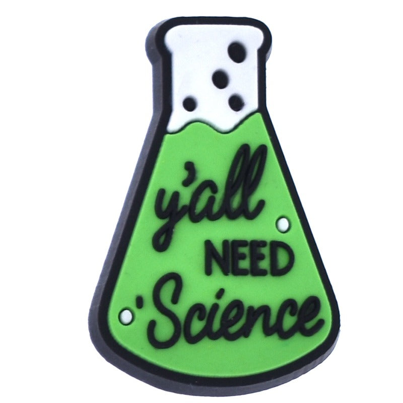 A collection of six Chemistry-themed Jibbitz charms for Crocs, featuring various chemical symbols and elements such as a beaker, an atom, and a periodic table.