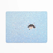 Light blue placemat with floral pattern and cartoon character on a white background