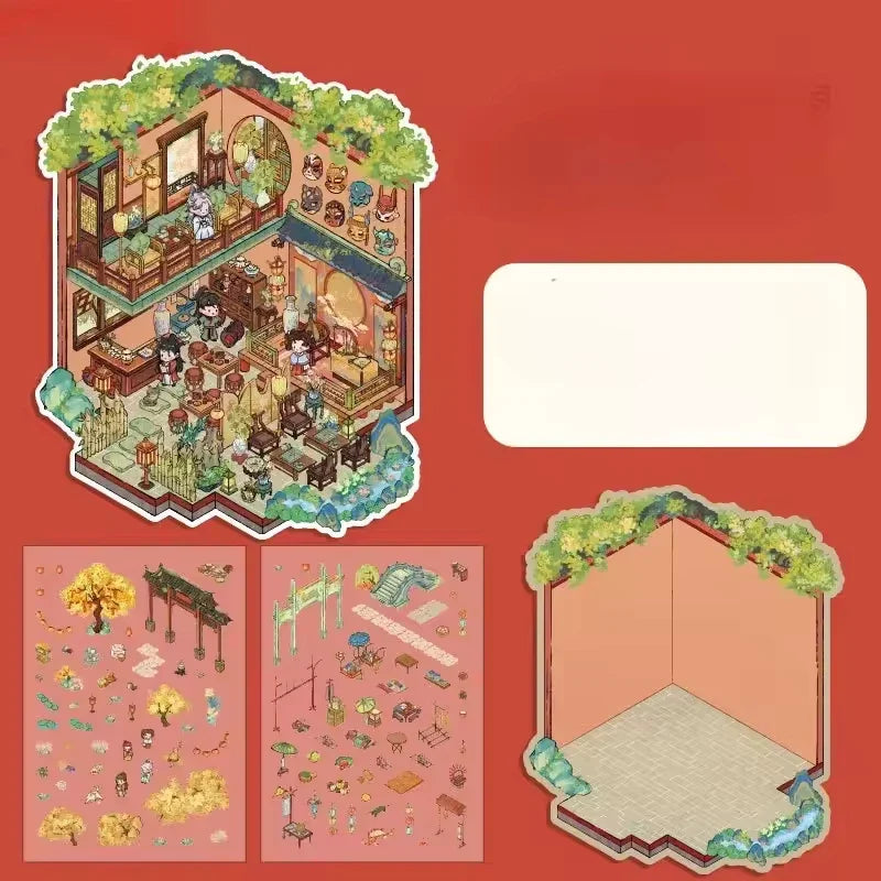 Illustrated miniature house with furniture and people on a red background