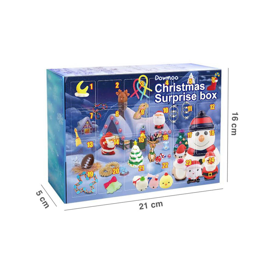 Blue Christmas calendar with daily squishy toy and keychain surprises, dimensions