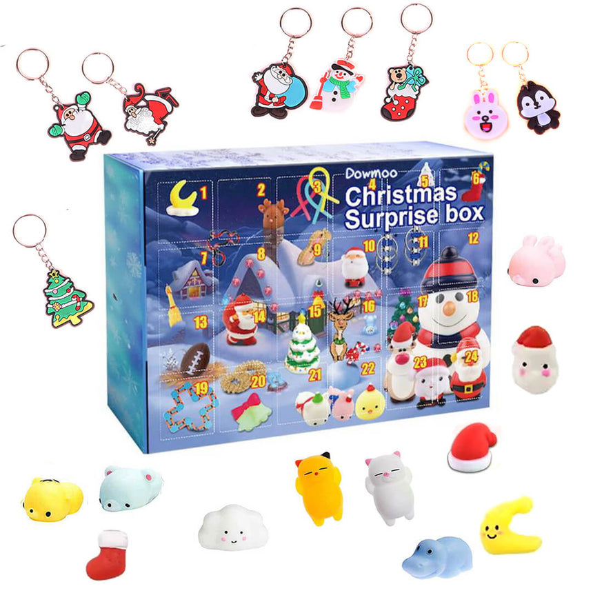 24-day Christmas countdown calendar with surprise squishies and keychains in blue box