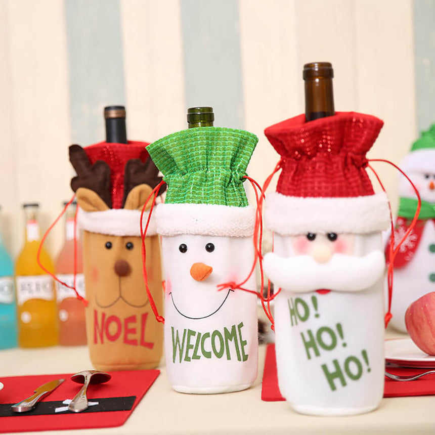 Christmas-themed bottles covers with Santa, snowman, and reindeer designs.