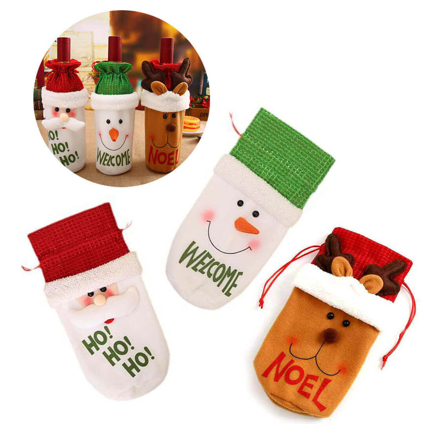 Christmas-themed gift bags with Santa, snowman, and reindeer designs.