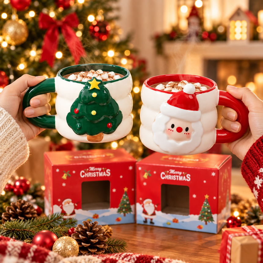 Santa and Christmas Tree ceramic mugs with hot chocolate
