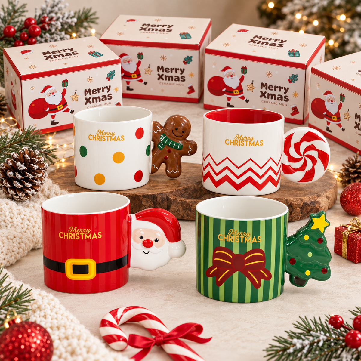 Christmas gift mugs with gingerbread peppermint Santa and tree handles