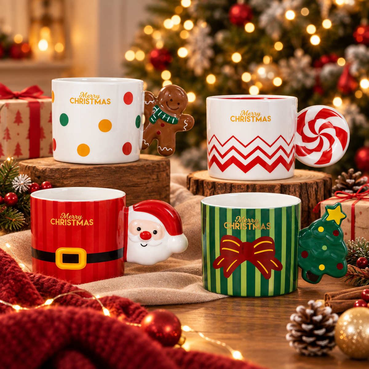 Festive Christmas ceramic mugs with novelty handles