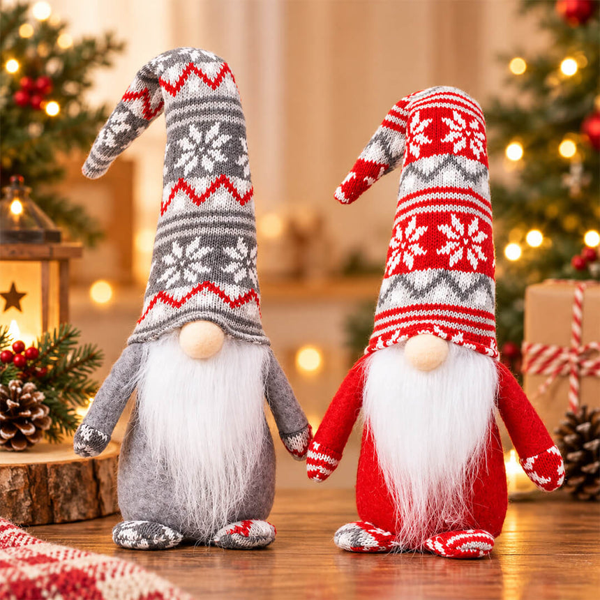 Christmas gnome decoration in red and grey with flexible long knitted hat