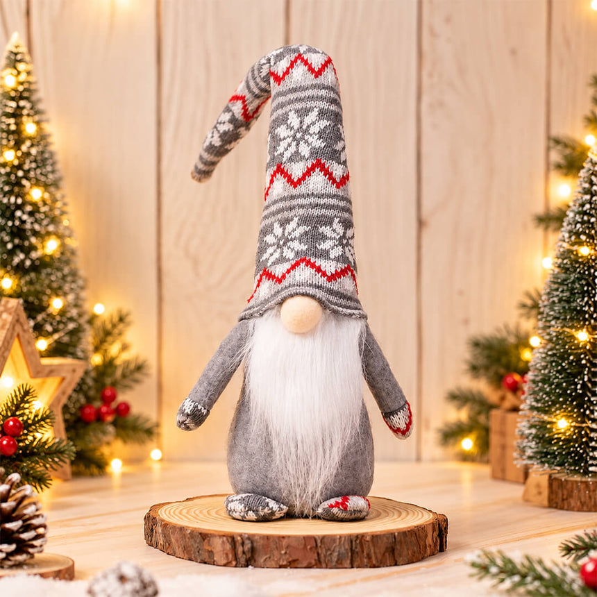 Grey Christmas gnome doll with white fur beard