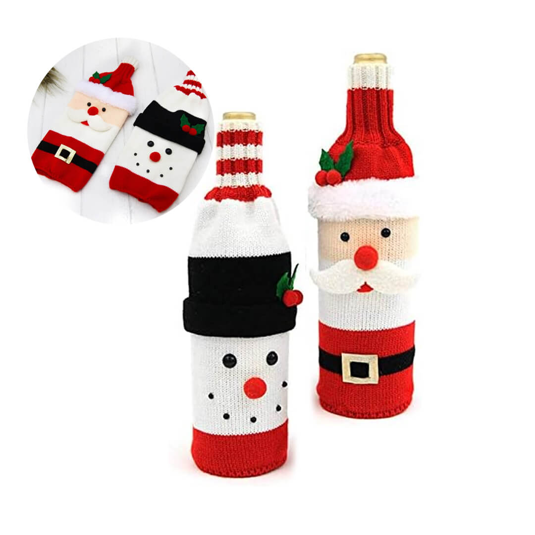 Christmas knitted bottle cover in Santa and Snowman designs