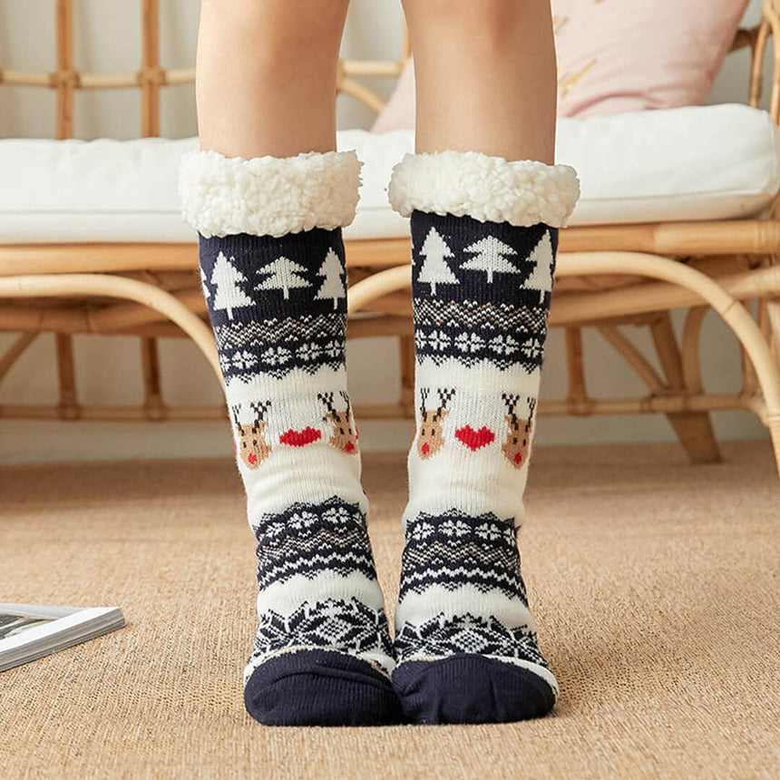 Warm, fluffy winter socks with festive reindeer pattern, dark navy blue