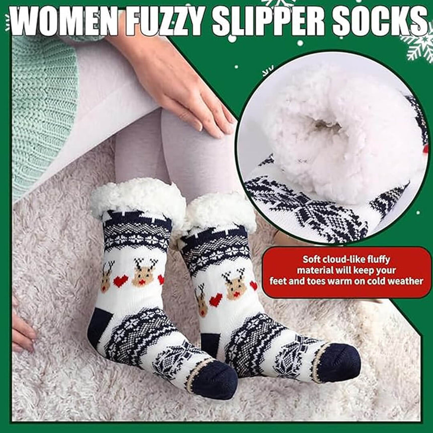 Adult dark blue Christmas fleece socks with soft plush lining