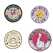 Four round badges with cartoon characters and humorous text on a white background