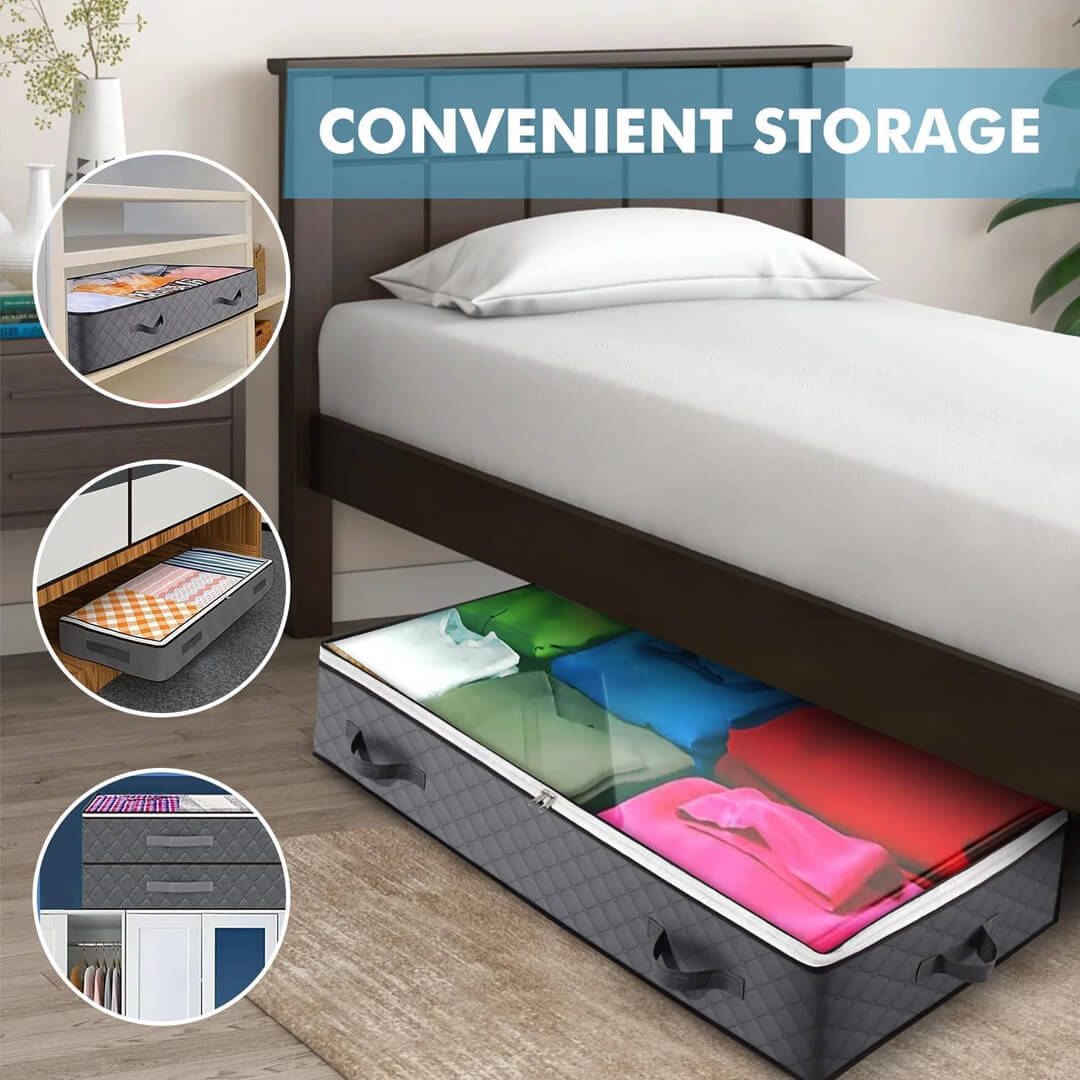 Fabric under-bed storage bag with reinforced handles and zipper