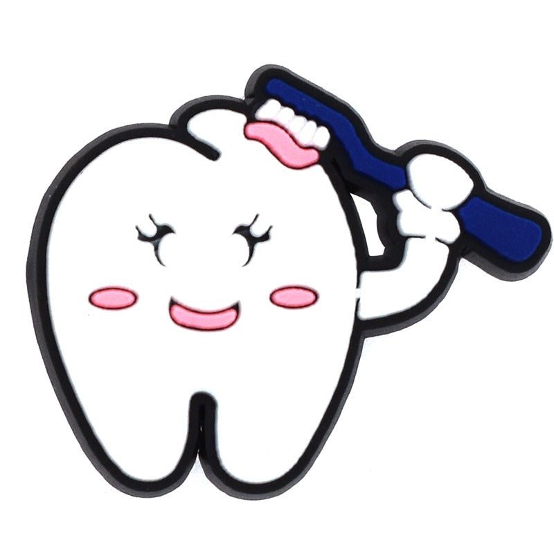 Dentist Clothing Pin Shaped as Tooth carrying a blue brush and Brushing itself