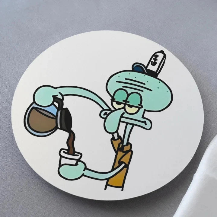 Spongebob Squarepants squidward pouring coffee print on circular mdf coaster